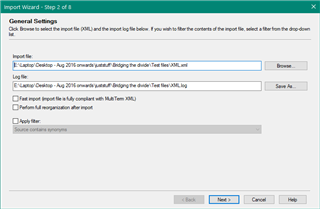 Trados Studio Import Wizard Step 2 of 4 window showing General Settings with an input file path and options for file import.