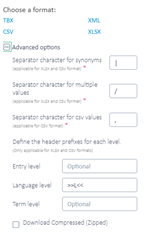 Screenshot of Trados Studio's MultiTerm export options with advanced settings for synonyms, multiple values, and CSV format visible.