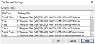 File Format Settings dialog box showing file types and associated settings files. File types listed include .html, .jsp, .asp, .sgml, and .xml, with corresponding settings files paths. The .xls file type is not listed.