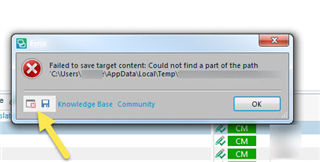 Error message in Trados Studio stating 'Failed to save target content: Could not find a part of the path C:UsersUsernameAppDataLocalTemp'.