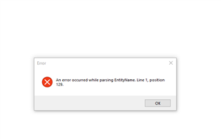 Error message dialog box in Trados Studio stating 'An error occurred while parsing EntityName. Line 1, position 123.' with an OK button.