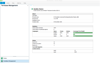 Screenshot of Trados Studio's Termbase Management window showing statistics for a database with no visible errors.