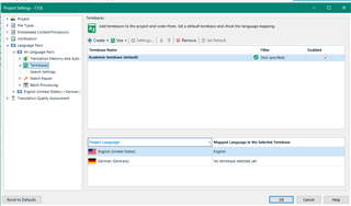 Trados Studio Project Settings window showing the Termbases tab with an active Termbase named 'Acme Inc. Termbase' and options to Add, Remove, or Set Default.