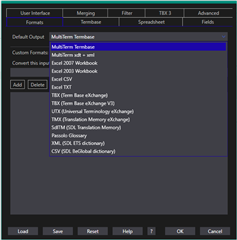 Screenshot of Glossary Converter settings with options for Default Output and Custom Formats, highlighting MultiTerm Termbase and Excel CSV.