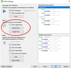 Hitlist Settings dialog box in Trados Studio with 'Show target terms' option circled, indicating where to enable target term display.