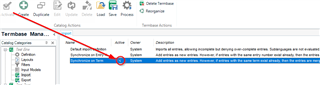 Screenshot of Trados Studio showing the TermBase Management window with an error icon next to a database indicating synchronization issue.