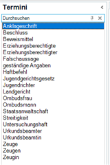 Trados Studio termini list with terms like Anklageschrift, Beweismittel, and Erziehungsberechtigte.