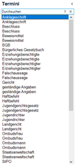 Trados Studio termini list with duplicate entries for Anklageschrift and other terms.