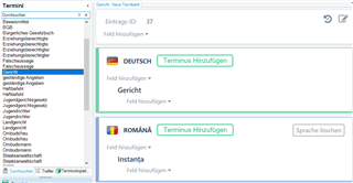 Trados Studio termini entry details for Gericht with entry ID 37, showing term in German and Romanian without duplicates.