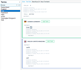 Screenshot of Trados Studio showing a terms database with entries for 'earth' in German and English, indicating 'Erde' and 'soil' as translations.