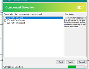 Installation options for SDL MultiTerm with checkboxes for SDL MultiTerm 2019, SDL MultiTerm Convert, and SDL MultiTerm Widget.