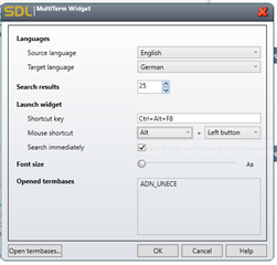 SDL MultiTerm Widget settings showing language options, search results number, shortcut key settings, and opened termbases.