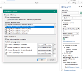 Trados Studio Translation Options window with bilingual dictionary settings and Microsoft Translator as a machine translation provider.