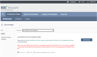 Screenshot of SDL Account Downloads page, with a dropdown menu open showing 'SDL MultiTerm 2014 Desktop' selected. A 'Download' button is visible below.