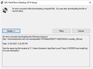 Error message during SDL MultiTerm Desktop 2014 Setup stating 'An error occurred downloading the following resource' with a file URL and options to Retry or Cancel.