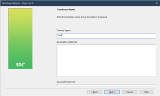 Screenshot of Trados Studio's MultiTerm Wizard Step 2 with visible fields for 'Termbase Name' and 'Description', but right side fields are cropped.
