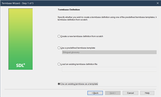 Screenshot of Trados Studio's MultiTerm Wizard dialog cropped at the bottom, making the 'Use an existing termbase as a template' option unusable.