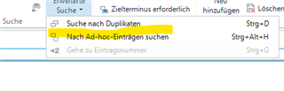 Trados Studio screenshot showing the search menu with 'Nach Ad-hoc-Eintr gen suchen' option highlighted in yellow.