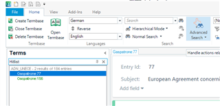 Screenshot of Trados Studio showing the TermBase search results with two entries for 'Gasoptone' highlighted in blue.