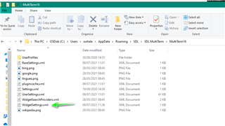 Screenshot of a file explorer window with a list of files and folders. The 'WidgetsPlugins.xml' file is highlighted, indicating it is the file to look for as mentioned in the context.