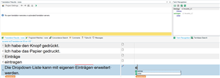 Trados Studio interface showing a warning message in the term recognition window with German text entries.