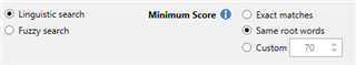Trados Studio Language Cloud settings showing linguistic search options with minimum score set to 70.