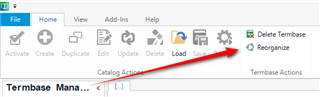 Trados Studio screenshot showing the Termbase Management tab with an arrow pointing to the 'Reorganize' button.