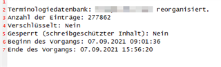 Screenshot of a reorganization report in MultiTerm showing a terminological database with 277,862 entries. It indicates the process started on 07.09.2021 at 09:01:36 and ended at 15:56:20 on the same day.