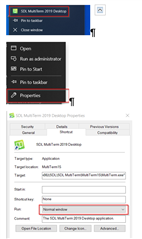 Right-click context menu on Trados Studio desktop icon with 'Properties' highlighted.