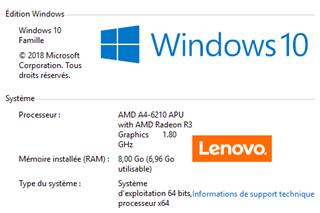 System information screen showing Windows 10 operating system, AMD A4-6210 APU with AMD Radeon R3 Graphics, 8.00 GB RAM, and 64-bit system type on a Lenovo computer.