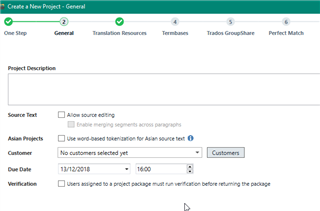 Trados Studio 'Create a New Project' window showing general settings including due date set to 13122018 and time 16:00.