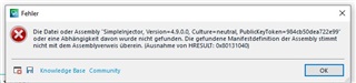 Error message window titled 'Fehler' indicating a missing file or assembly for 'Sdl.LanguagePlatform.TranslationMemoryApi' with HRESULT 0x80131040.