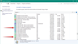 Windows Control Panel showing a list of programs to uninstall, with Trados Studio 2019 SR2 - 15.2.7.2849 and two other Trados related programs highlighted with red arrows.
