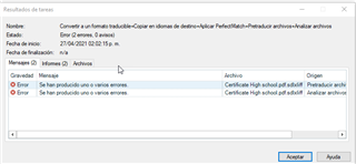 Error message in Trados Studio task results showing multiple errors occurred with file uploads.