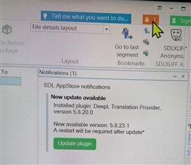 Trados Studio interface showing a notification for a new update available for DeepL Translation Provider plugin.
