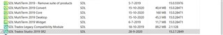 Control Panel Programs list showing Trados Studio 2019 SR2 and MultiTerm Desktop 2019 installed with version numbers and installation dates.