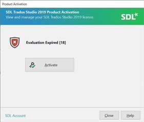 SDL Trados Studio 2019 Product Activation window showing an error message 'Evaluation Expired 18' with an 'Activate' button.