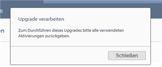 Error message in Trados Studio upgrade process stating 'To carry out this upgrade, please return all used activations.' with a close button.