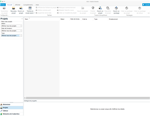 Screenshot of Trados Studio with an empty project list and a message at the bottom stating 'No new projects since last time you checked.'