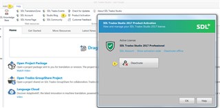 Trados Studio activation error message displaying 'SDL Trados Studio 2017 - Professional' with a red exclamation mark indicating deactivation required.