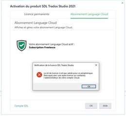 SDL Trados Studio 2021 product activation window with an error message in French indicating the license key is not valid for this device and suggesting to try a different license or contact the cloud administrator.