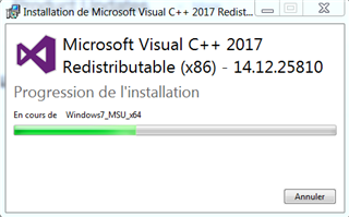 Screenshot of Microsoft Visual C++ 2017 Redistributable (x86) - 14.12.25810 installation window, showing a progress bar stuck during the 'Windows7_MSU_x64' phase with a cancel button.