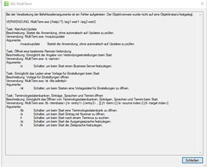 SDL MultiTerm window with a list of troubleshooting steps and suggestions for resolving issues with server connections and updates.