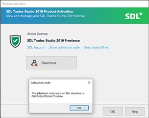 SDL Trados Studio 2019 Product Activation window showing an active license for SDL Trados Studio 2019 Freelance with options to deactivate or deactivate offline. A pop-up message displays an activation code.