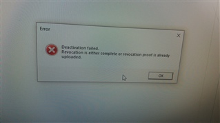 Error message on Trados Studio software stating 'Deactivation failed. Revocation is either complete or revocation proof is already uploaded.' with an OK button.