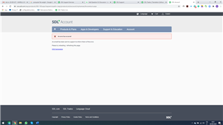 SDL Trados Account webpage with an error message displayed in a red box stating 'An error has occurred in the application. Please try again later.'