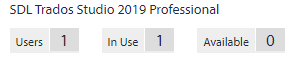 SDL Trados Studio 2019 Professional license information showing 1 user, 1 in use, and 0 available.