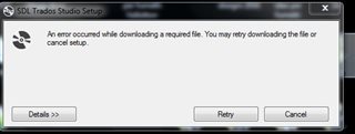 SDL Trados Studio Setup error message window showing 'An error occurred while downloading a required file. You may retry downloading the file or cancel setup.' with options to view details, retry, or cancel.