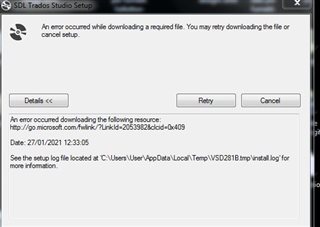 SDL Trados Studio setup error message stating 'An error occurred while downloading a required file. You may retry downloading the file or cancel setup.' with Retry and Cancel buttons visible.