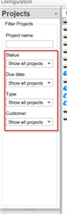 Trados Studio screenshot showing the Projects bar with 'Show all projects' selected in the Status dropdown menu.